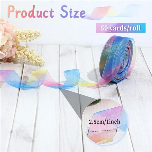 Rainbow Organza Satin Ribbon 1 Inch x 50 Yards Sheer Colorful Ribbon for Crafts - Picture 3 of 8